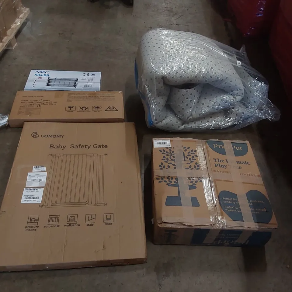 PALLET OF ASSORTED ITEMS INCLUDING: PET PLAY TREE, ELECTRIC INSECT KILLER, BABY SAFETY GATE, LARGE RUG, BED RAIL GUARD ECT