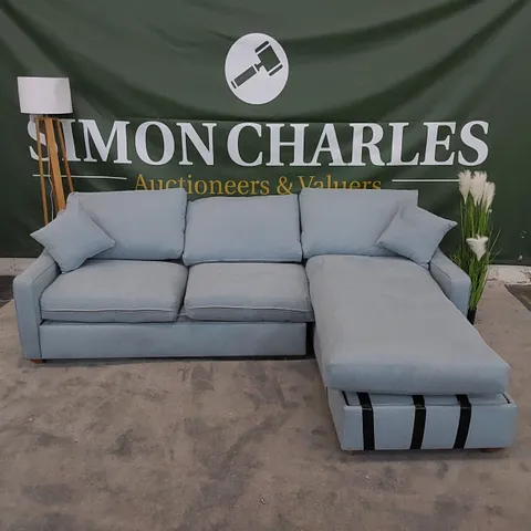 THE BERMERTON 5-SEATER CHAISE STORAGE SOFA BED UPHOLSTERED IN ANGELIC BLUE FABRIC