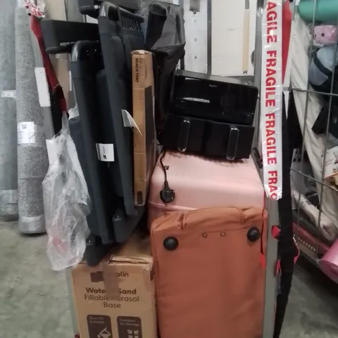 CAGE OF ASSORTED HOUSEHOLD GOODS AND PRODUCTS TO INCLUDE;AIR FRYER,SUN LOUNGER,SUITCASE,PARASOL BASE,CAMPING WAGON
