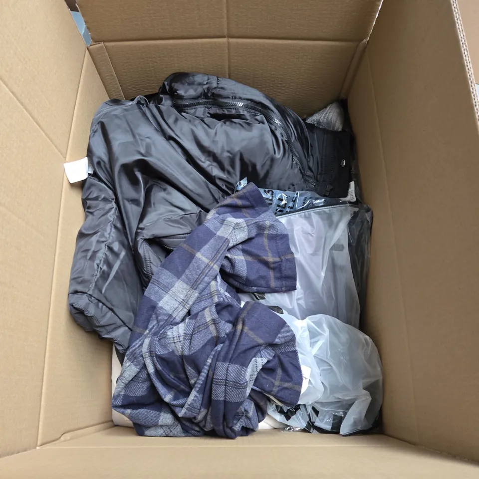 LARGE BOX OF ASSORTED CLOTHING ITEMS IN VARIOUS SIZES, STYLES AND COLOUR 