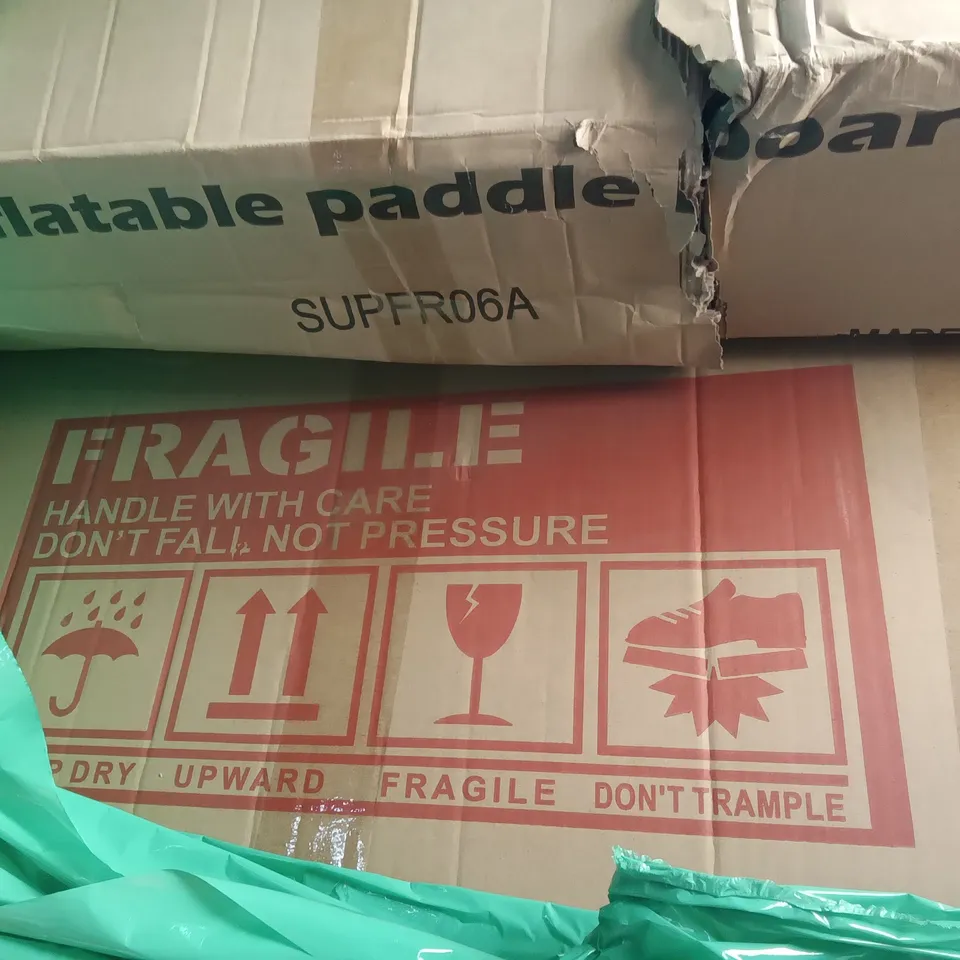 PALLET OF ASSORTED ITEMS INCLUDING INFLATABLE PADDLE BOARD, BEDSIDE TABLE WITH 3 DRAWERS