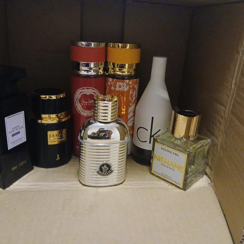 APPROXIMATELY 10 ASSORTED UNBOXED FRAGRANCES TO INCLUDE; CALVIN KLEIN, MNCLER, SHANGHAI, JANAN AND NOTED AROMAS