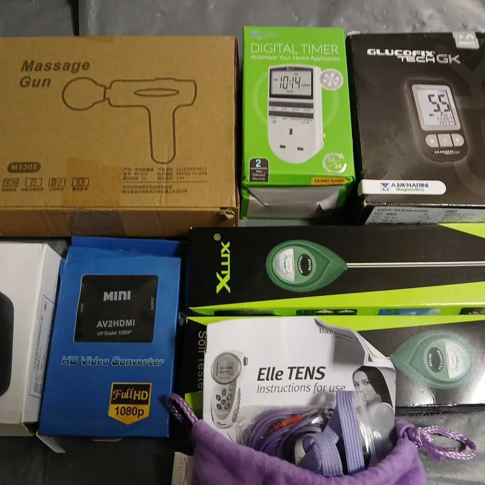 LOT OF 9 ASSORTED TECH ITEMS TO INCLUDE SOIL TESTERS, DIGITAL TIMER AND HD VIDEO CONVERTER