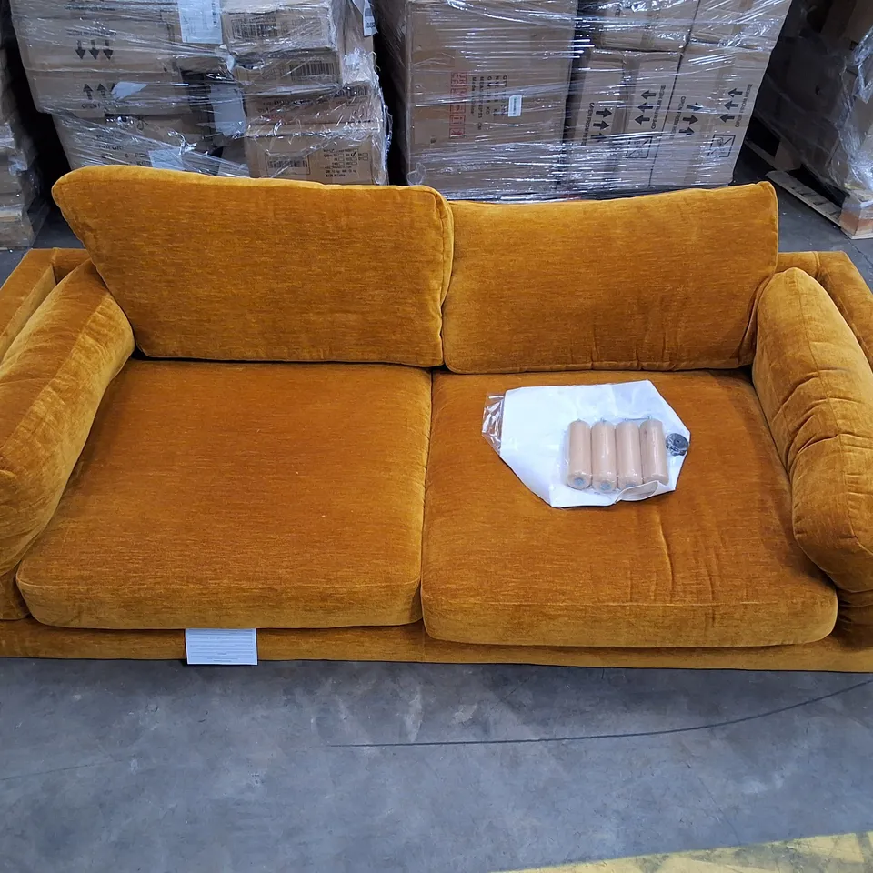 MUSTARD FABRIC 3-SEATER SOFA WITH BOLSTER CUSHIONS