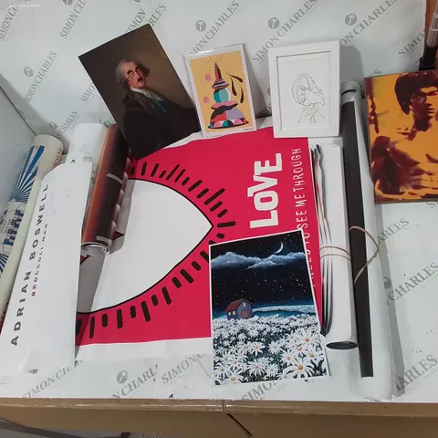 BOX OF APPROXIMATELY 50 ASSORTED ART PIECES/PICTURES