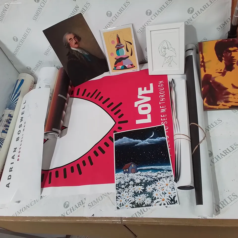 BOX OF APPROXIMATELY 50 ASSORTED ART PIECES/PICTURES