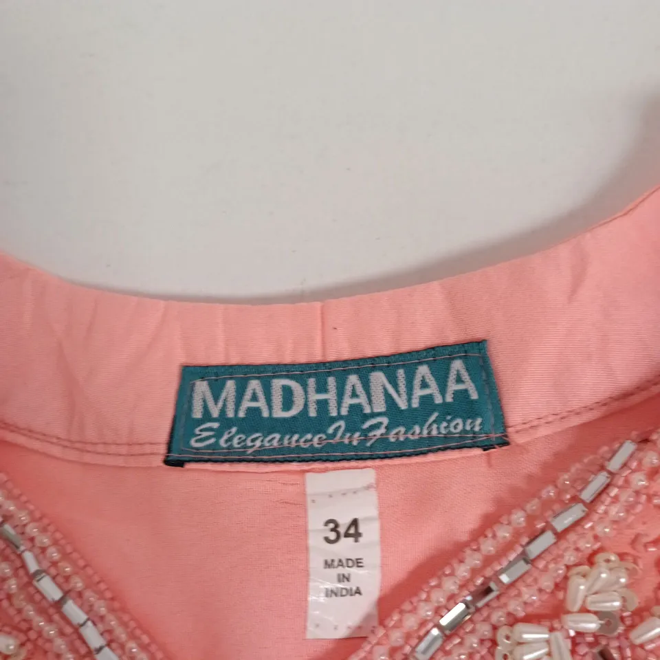 MADHANA A PEACH PINK EMBROIDERED TOP AND TROUSERS SET – WOMEN, UK8 (EU34)