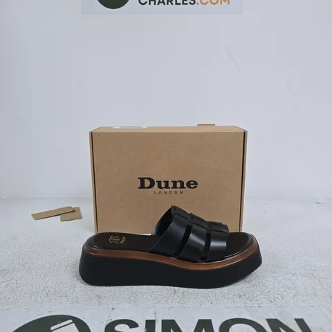 DUNE LONDON LANTO BLACK LEATHER FLATFORM SANDALS – UK 6 (EU 39)