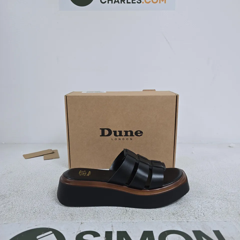 DUNE LONDON LANTO BLACK LEATHER FLATFORM SANDALS – UK 6 (EU 39)