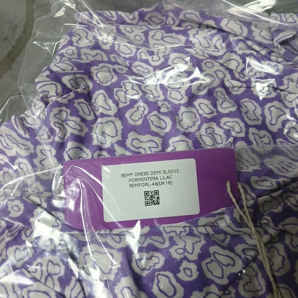 ONJENU REMY DRESS DEMI SLEEVE FORMENTERA LILAC SIZE 18. BAGGED
