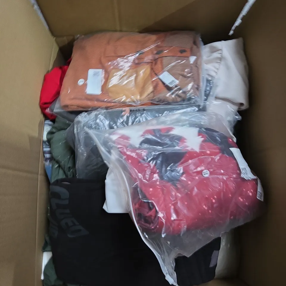 LARGE BOX OF ASSORTED CLOTHING ITEMS IN VARIOUS SIZES, STYLES AND COLOUR 