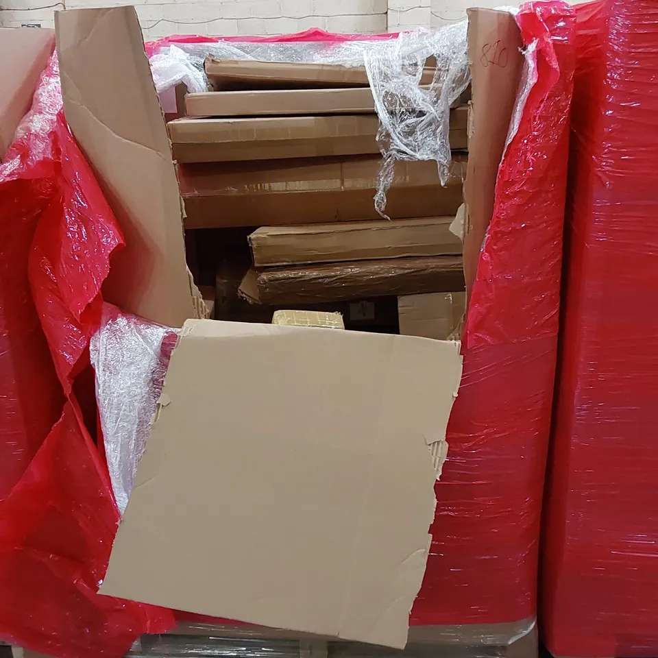PALLET OF ASSORTED HOUSEHOLD ITEMS AND CONSUMER PRODUCTS. INCLUDING CEILING FAN LIGHTS, BABY PLAYPENS, MOP, BOXED FURNITURE ETC 
