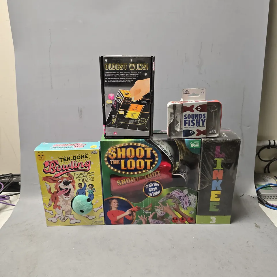 BOX OF APPROXIMATELY 7 ASSORTED GAMES TO INCLUDE - OLDEST WINS , SHOOT THE LOOT , LINKEE NUMBER 3 ETC