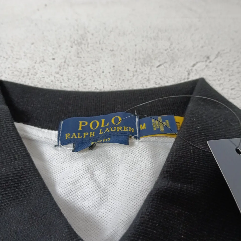 POLO RALPH LAUREN POLO SHIRT – WHITE WITH BLACK COLLAR, MEN'S, SIZE M