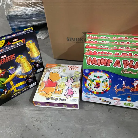 BOX OF ASSORTED ITEMS TO INCLUDE: 5 X PAINT A PLATE, BUSY BOOKS AVENGERS, WINNIE THE POOH