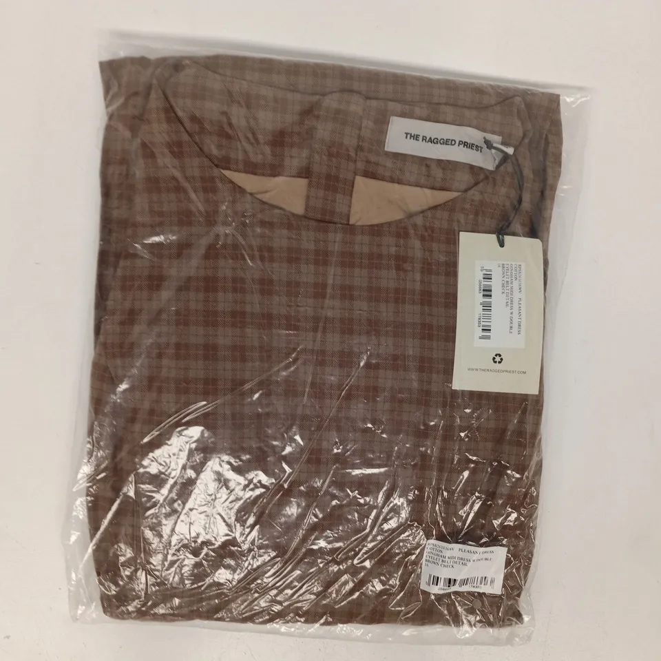 BAGGED THE RAGGED PRIEST GINGHAM MIDI DRESS W. DOUBLE EYELET BELT DETAIL IN BROWN CHECK SIZE 16