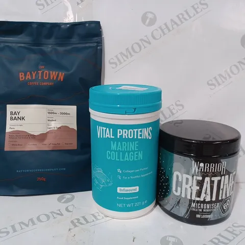 APPROXIMATELY 8 ASSORTED FOOD & DRINK ITEMS TO INCLUDE WARRIOR CREATINE, VITAL PROTEINS MARINE COLLAGEN, BAY BANK COFFEE, ETC