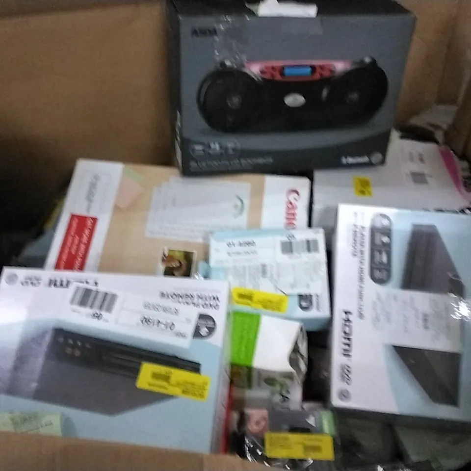 LARGE QUANTITY OF ASSORTED ELECTRICAL PRODUCTS TO INCLUDE; GAMING HEADSET, BLUETOOTH CD BOOMBOX, JVC TRUE WIRELESS EARBUDS, RAZER KRAKEN GAMING HEADSET AND DVD PLAYER WITH HDMI FUNCTION