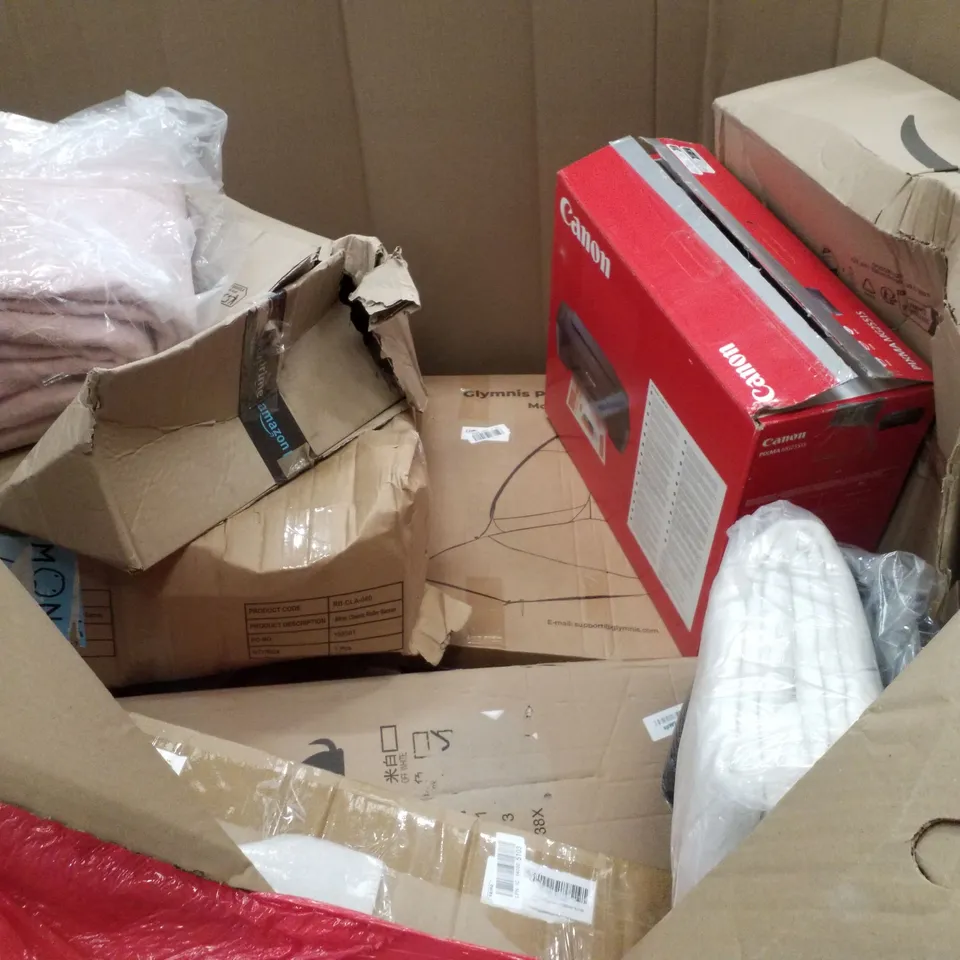 PALLET CONTAINING ASSORTED PRODUCTS INCLUDING PRESSURE WASHER, RUBBER WOODEN SQUARE STOOL, SKATEBOARD CARPET WASHER & CANON MG2551S PRINTER