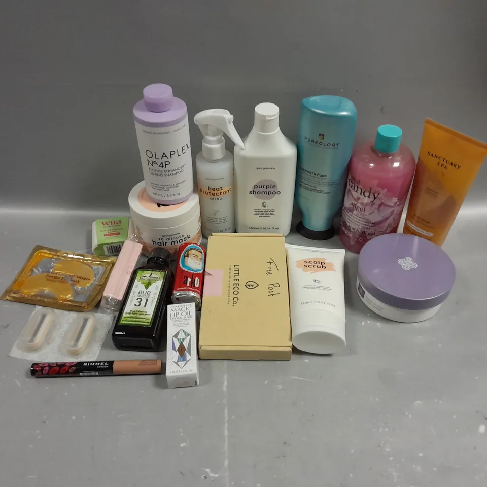 BOX OF APPROXIMATELY 15 COSMETIC ITEMS TO INCLUDE OLAPLEX SHAMPOO, GEORGIEMANE HEAT PROTECTANT, SANCTUARY SPA BODY SCRUB, ETC