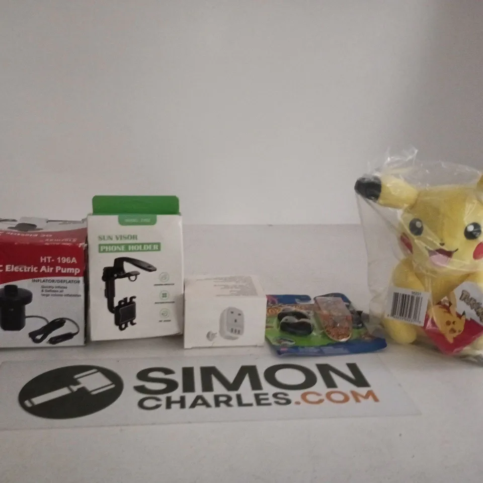 BOX OF APPROXIMATELY 10 ASSORTED ITEMS INCLUDING STERMAY HT-196A DC ELECTRIC AIR PUMP, POKEMON PIKACHU SOFT TOY AND HOTWEELS SKATE TOY