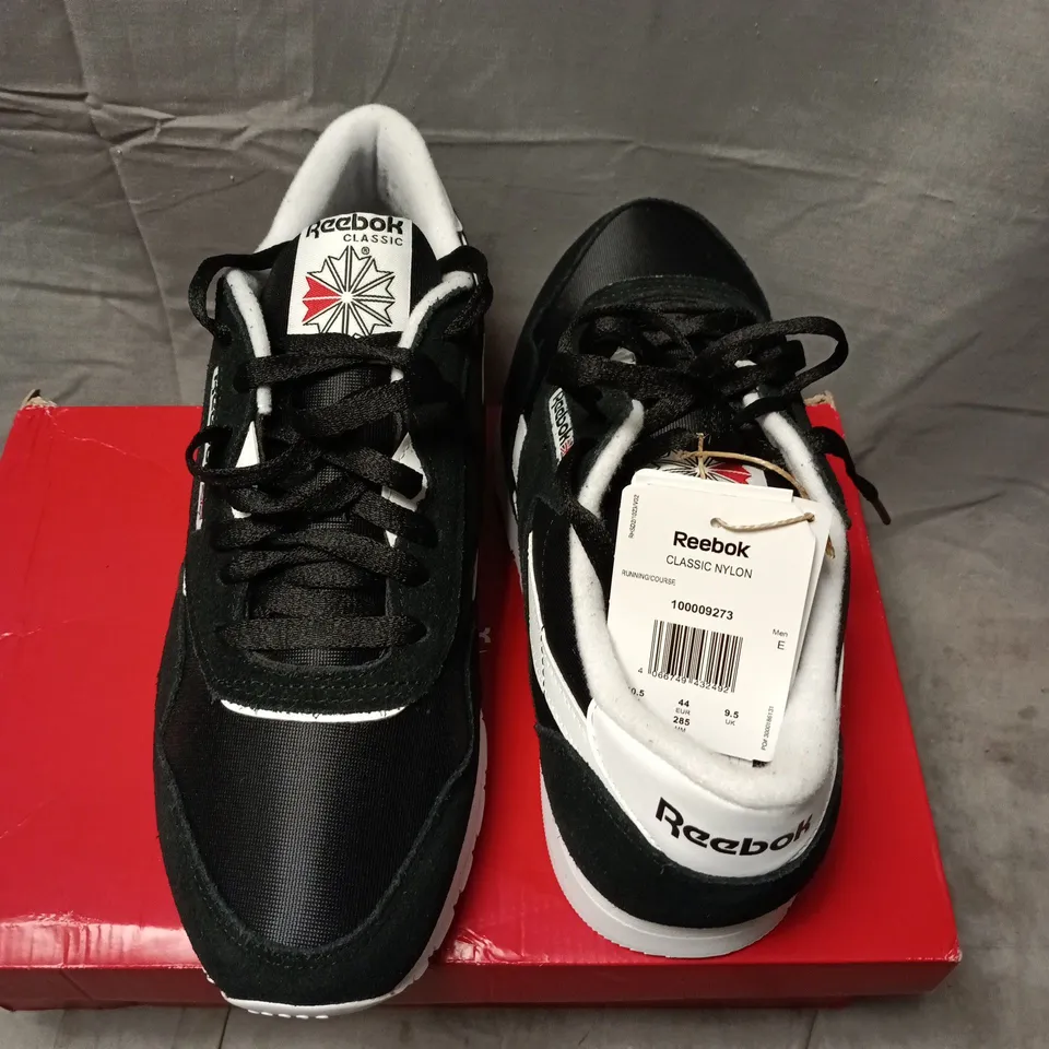 BOXED REEBOK CLASSIC NYLON SNEAKERS – BLACK/WHITE, UK 9.5