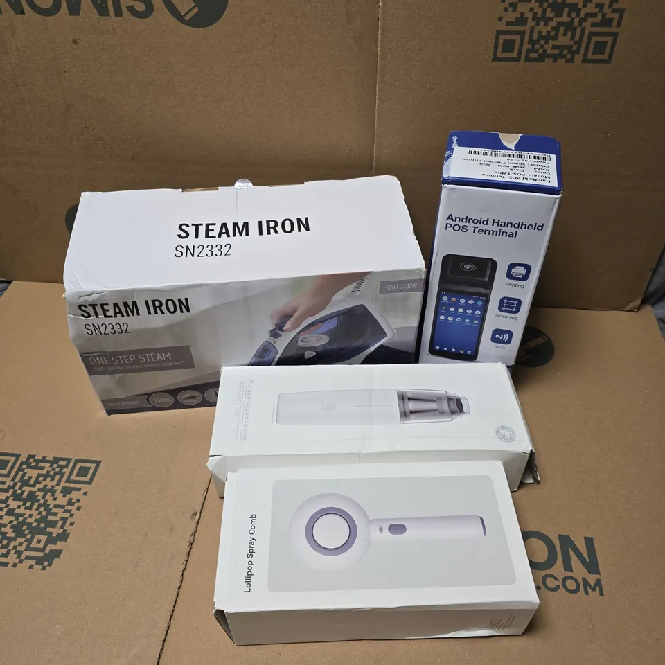 APPROXIMATELY 14 ASSORTED ELECTRICAL ITEMS TO INCLUDE STEAM IRON, ANDROID HANDHELD POS TERMINAL, PORTABLE VACUUM CLEANER, ETC - COLLECTION ONLY