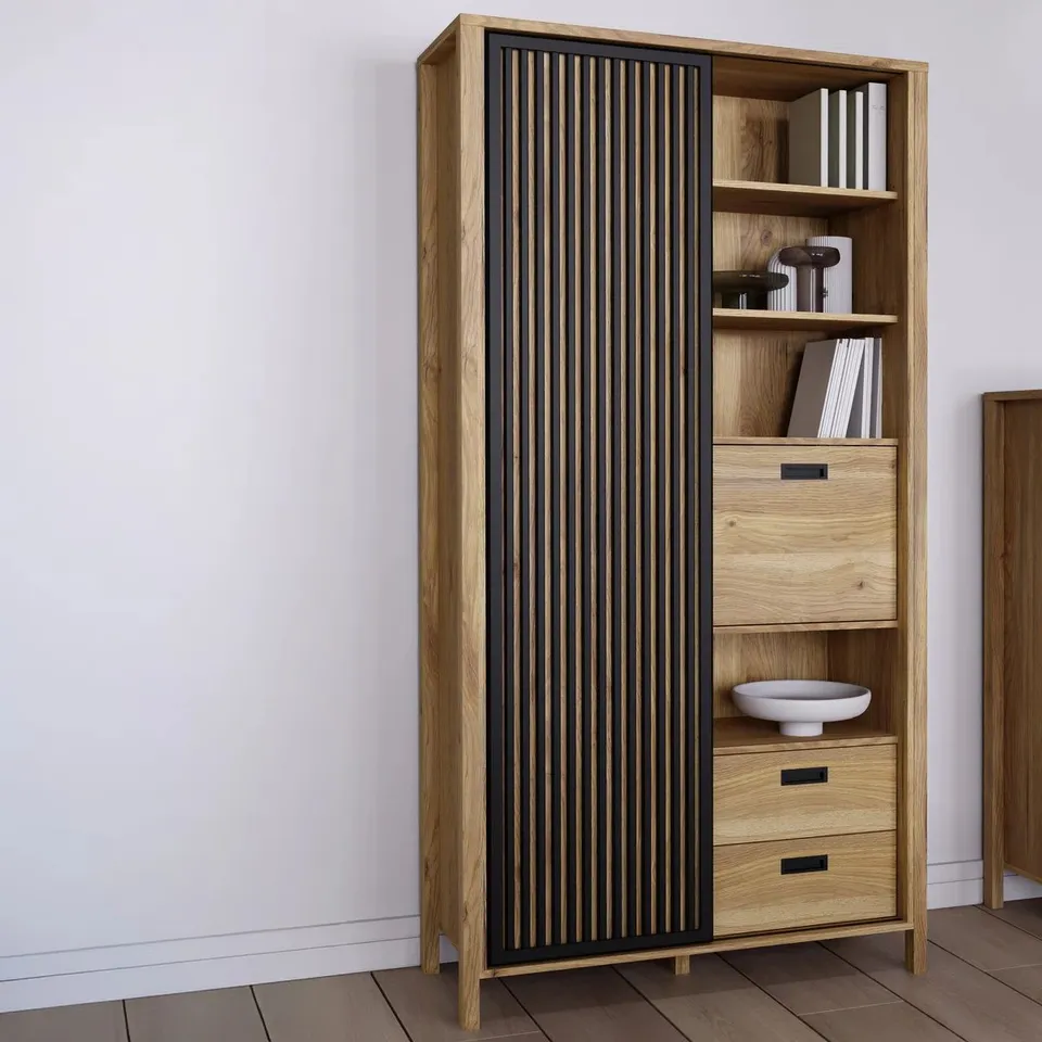 BOXED 17 STORIES SLIDING DOOR CABINET WITH COMPARTMENTS AND DRAWERS, 103.4cm W x 200.3cm H x 40.2cm D (3 BOXES)