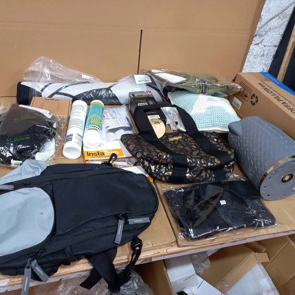 BOX OF APPROXIMATELY 25 ASSORTED ITEMS TO INCLUDE A AQUARIUM SEALANT, AMMO POUCH FLASK, AGOKUD AND A YOGA MAT