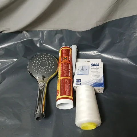 APPROXIMATELY 15 ASSORTED HOUSEHOLD ITEMS TO INCLUDE SHOWER HEAD, STOVESEAL, ELECTRONIC BOOST TIMER ETC
