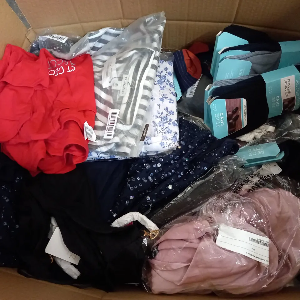  BOX OF ASSORTED CLOTHING ITEMS TOO INCLUDE DRESSES , SHIRTS AND TROUSERS IN VARIOUS SIZES AND COLOURS   