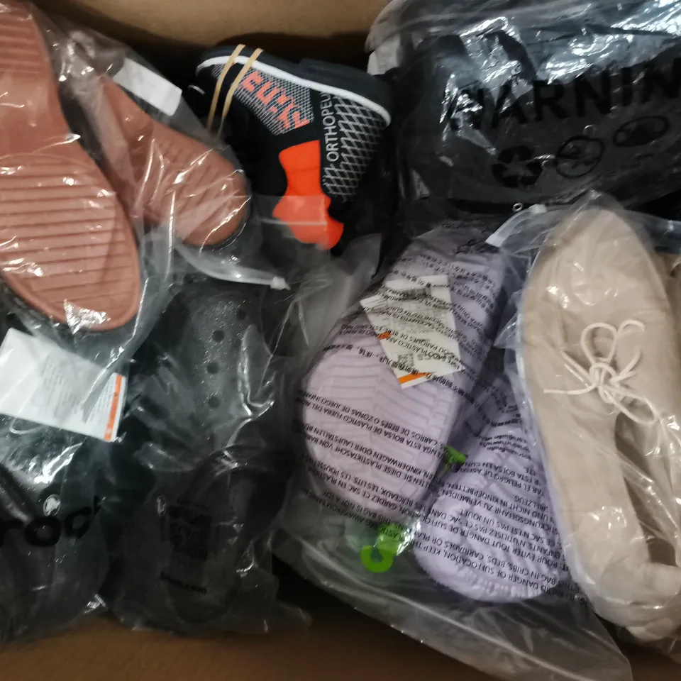 BOX OF APPROXIMATELY 15 ASSORTED PAIRS OF SHOES AND FOOTWEAR ITEMS IN VARIOUS COLOURS, STYLES, AND SIZES - COLLECTION ONLY