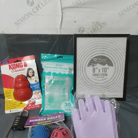 BOX OF APPROXIMATELY 20 ASSORTED HOUSEHOLD ITEMS TO INCLUDE DOG TOYS, BREAST MILK STORAGE BAGS AND A PADLOCK
