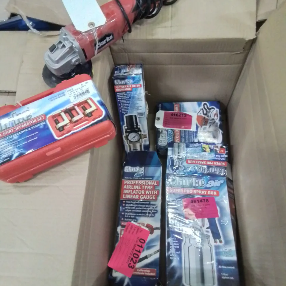 BOX OF MIXED TOOLS TO INCLUDE: ANGLE GRINDER, 3PC BALL JOINT SEPARATOR SET, SUPER PRO SPRAY GUN, AIR FILTER REGULATOR ETC.