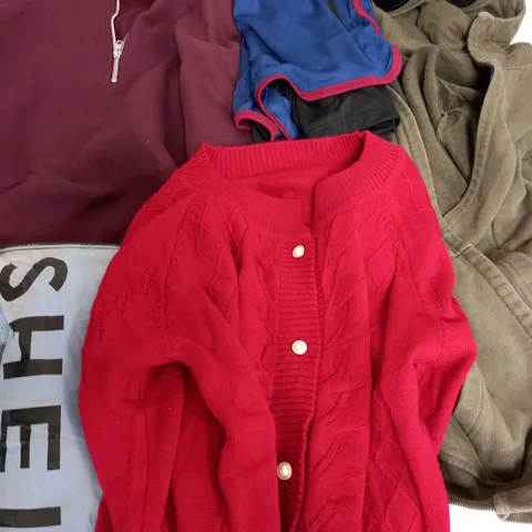 LARGE BOX OF ASSORTED CLOTHING ITEMS IN VARIOUS COLOURS AND SIZES INCLUDING TROUSERS , TOPS AND JUMPERS