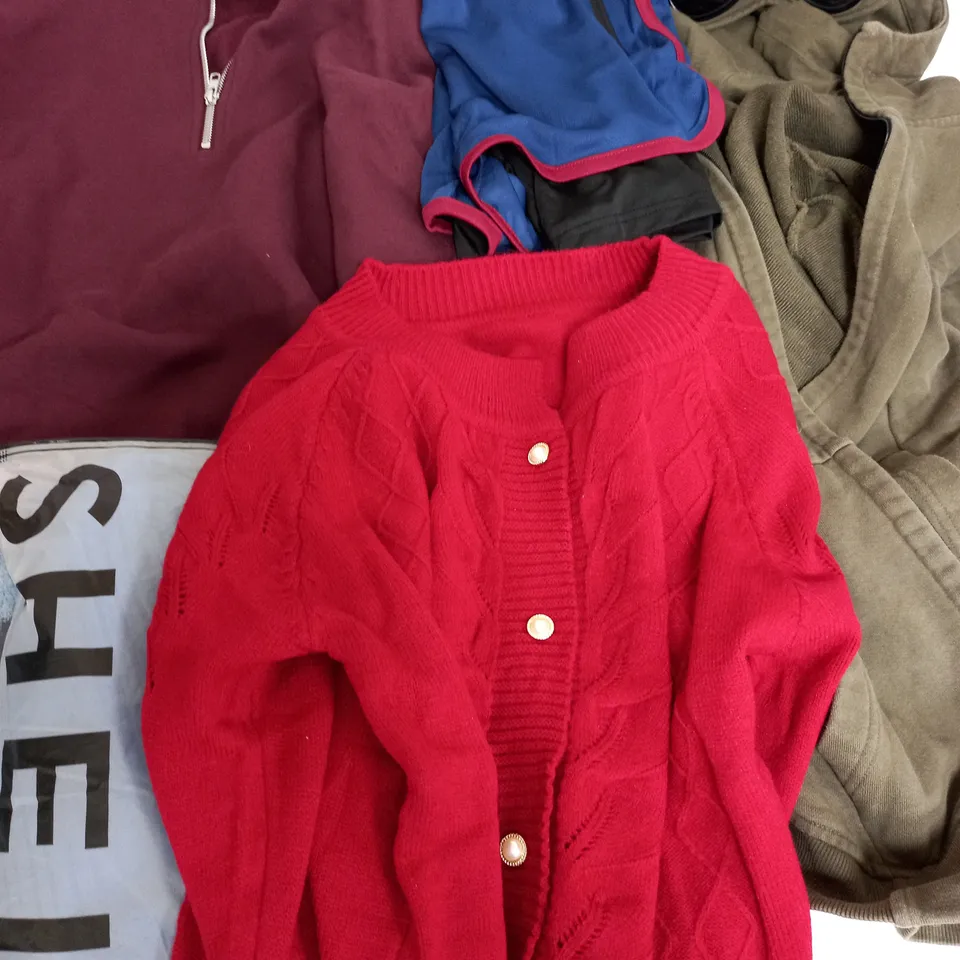 LARGE BOX OF ASSORTED CLOTHING ITEMS IN VARIOUS COLOURS AND SIZES INCLUDING TROUSERS , TOPS AND JUMPERS 