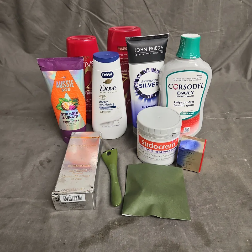 APPROXIMATELY 20 ASSORTED HEALTH & BEAUTY PRODUCTS TO INCLUDE - SHISEIDO VITAL PERFECTION CREAM - ELIZABETH ARDEN SKIN RENEWAL BOOSTER - L'OREAL COLOUR PROTECT SHAMPOO & CONDITIONER - ETC