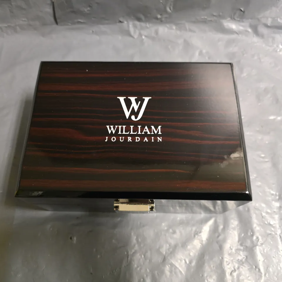 WILLIAM JOURDAIN ALL STAINLESS STEEL GENTS WATCH WITH BLACK DIAL AND WOODEN BOX