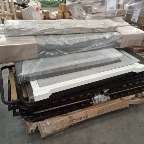 PALLET OF ASSORTED INCOMPLETE DESIGNER FURNITURE AND BED PARTS