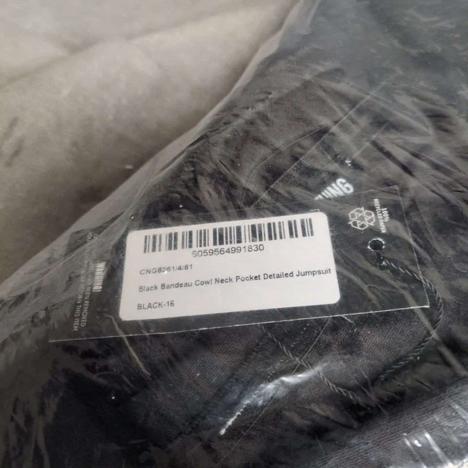 PRETTYLITTLETHING BLACK BANDEAU COWL NECK POCKET JUMPSUIT BLACK SIZE 16 BAGGED  