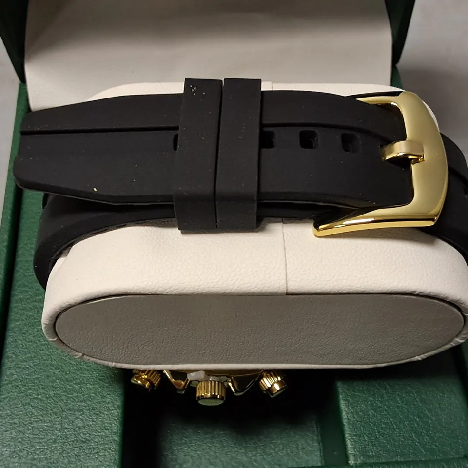 FRANK SCHMIDT STAINLESS STEEL GREEN FACED CHRONOGRAPH WATCH WITH BLACK RUBBER STRAP