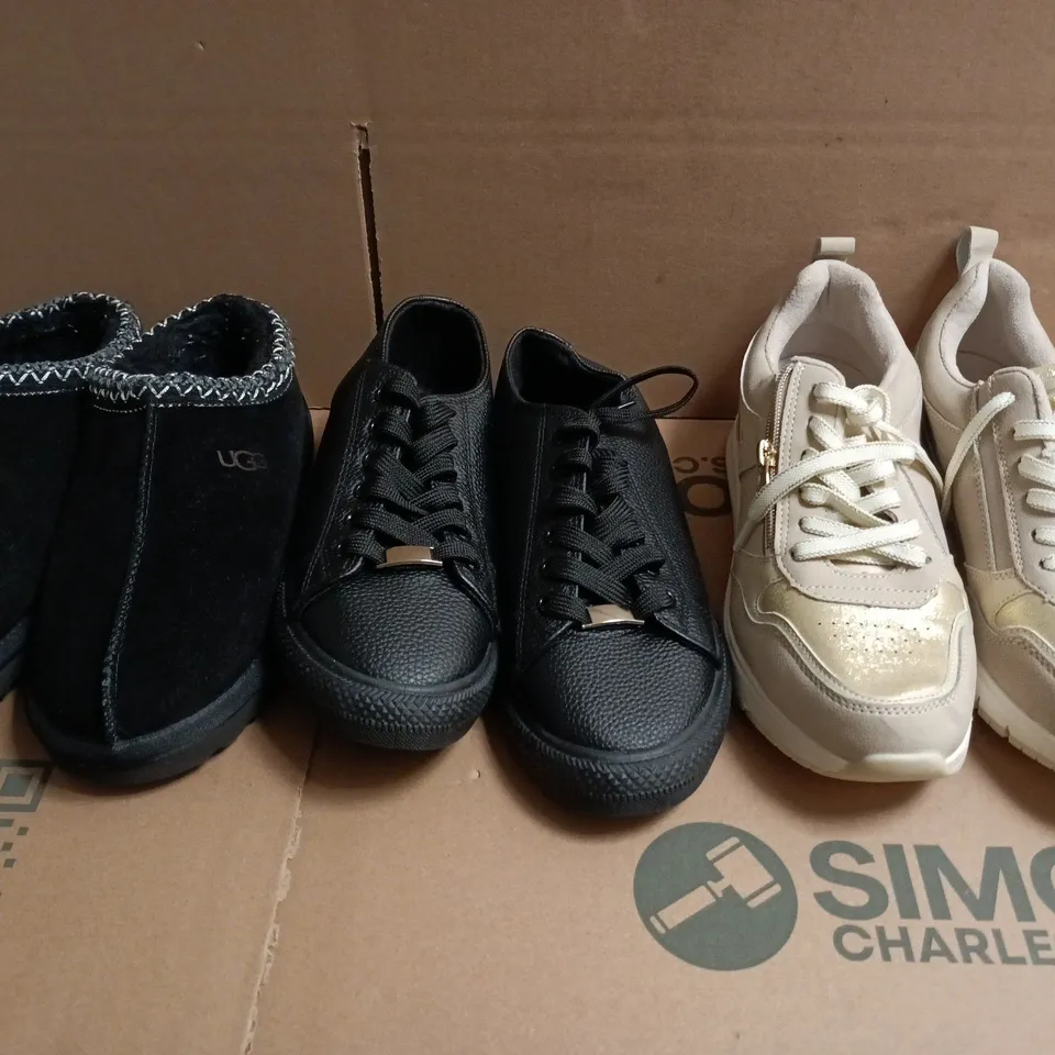 BOX OF APPROXIMATELY 15 ASSORTED PAIRS OF SHOES AND FOOTWEAR ITEMS IN VARIOUS COLOURS, STYLES, AND SIZES - COLLECTION ONLY