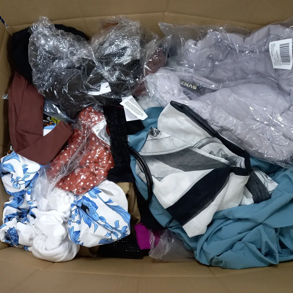 LARGE BOX OF ASSORTED CLOTHING ITEMS IN VARIOUS COLOURS AND SIZES INCLUDING TROUSERS , TOPS AND JUMPERS 