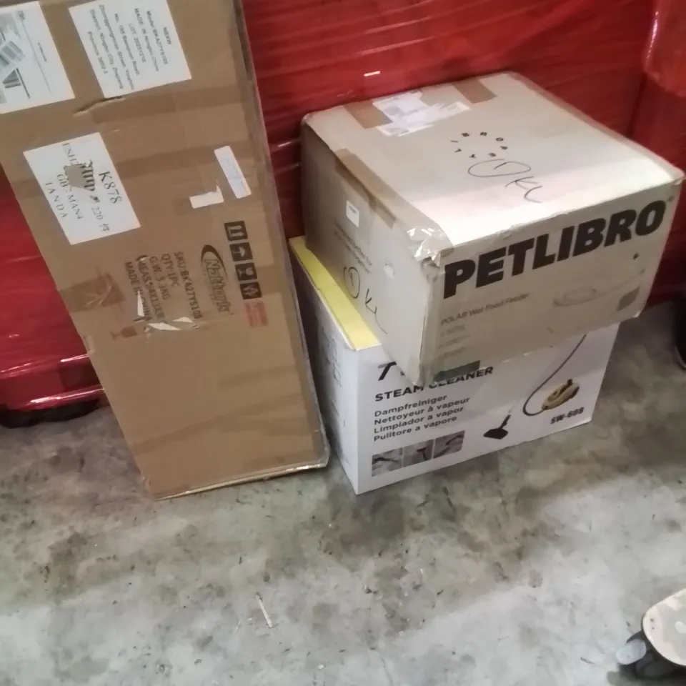 PALLET OF ASSORTED HOUSEHOLD GOODS AND PRODUCTS TO INCLUDE;STEAM CLEANER,SCOOTER,PET FOOD AUTOMATIC FEEDER
