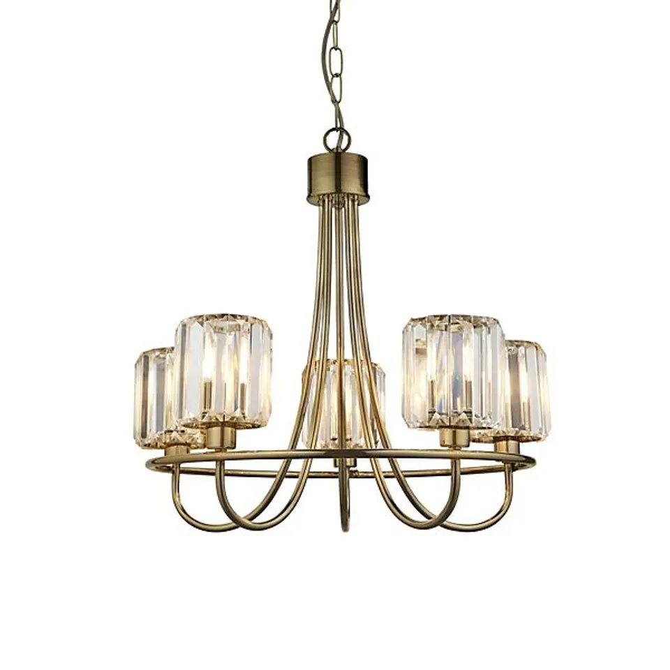BOXED LUMINOSA BERENICE 5 LIGHT MULTI ARM GLASS SHADE CEILING PENDANT ANTIQUE BRASS