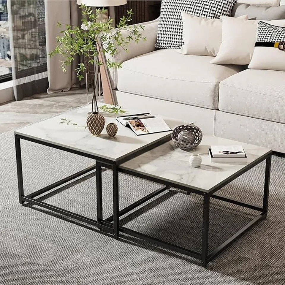 BOXED MARBLE TOP TABLES SQUARE COFFEE TABLE - NESTING TABLES (SET OF 2) - BLACK (1 BOX)