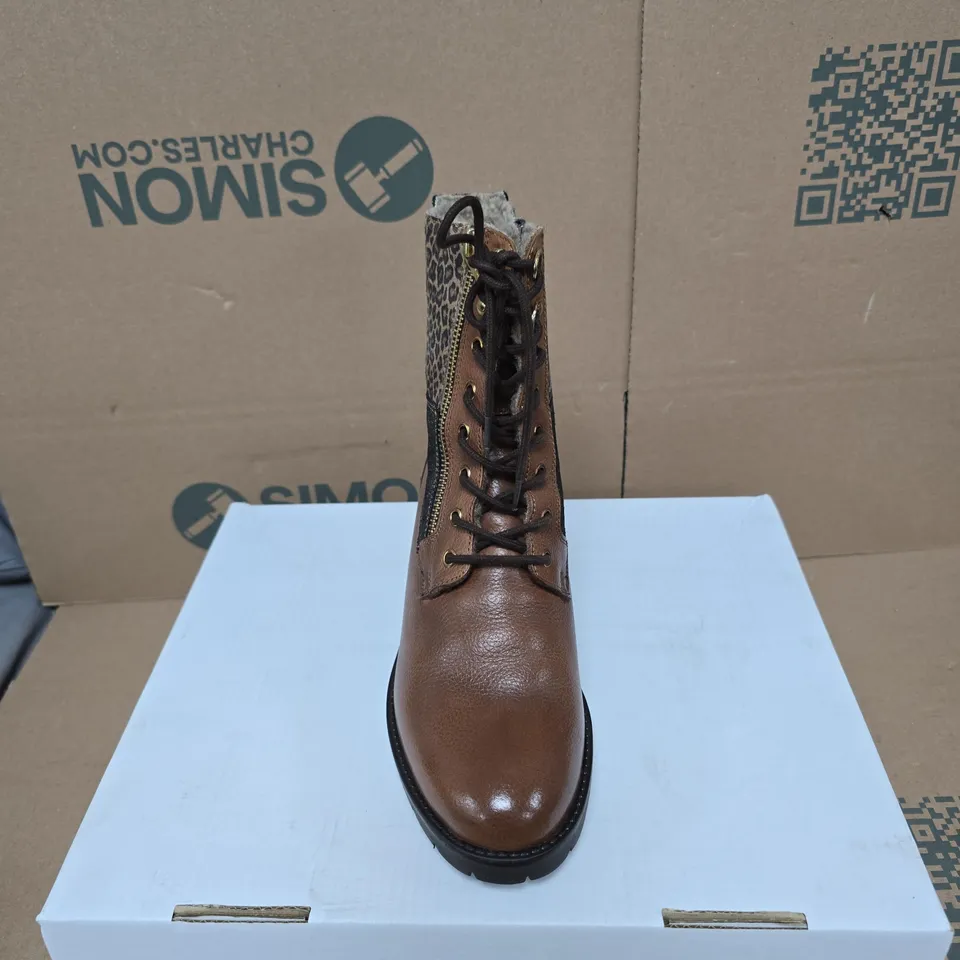 LOTUS WOMEN'S BROWN LEATHER BOOT WITH LEOPARD PRINT PANEL – GOLD ZIP & LACE-UP SIZE 6 BOXED