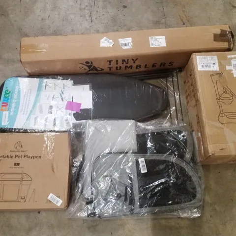 PALLET CONTAINING ASSORTED PRODUCTS INCLUDING MANUAL PRESS JUICER, GYMNASTICS BALANCE BEAM, IRONING BOARD PORTABLE PET PLAYPEN & PET CARRIER BACKPACK