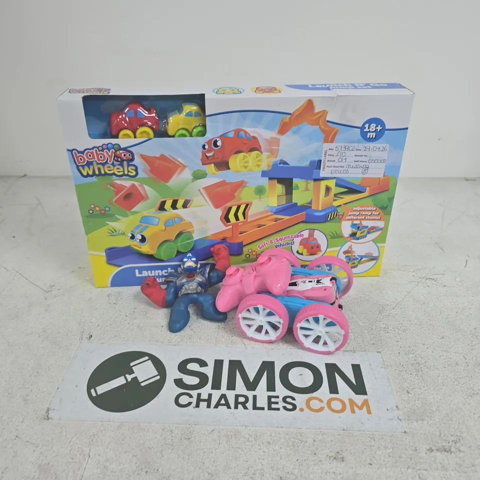 APPROXIMATELY 10 ASSORTED TOYS & GAMES PRODUCTS TO INCLUDE BABY WHEELS LAUNCH N GO JUMP SET, STUNT FLIP RC CAR, CAPTAIN AMERICA STRETCH TOY, ETC