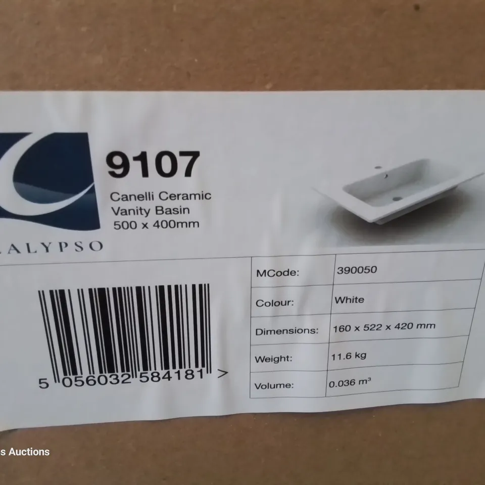 BOXED CANELLI CERAMIC SINGLE TAP VANITY BASIN WHITE 500 × 400mm